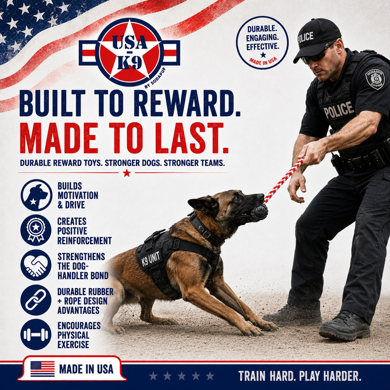 A police officer plays tug-of-war with a K9 using the SodaPup USA-K9 Magnum Black Stars and Stripes Ultra-Durable Rubber Chew Toy, showcasing its “Made in USA” quality, plus benefits like motivation, bonding, and exercise.