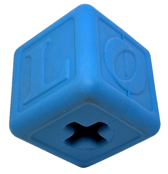 SodaPup's Love Cube EDispenser is a durable rubber chew toy and treat dispenser in blue, featuring raised "L" and "O" letters on visible sides. Its textured surface with a star-shaped hole offers a tactile playing experience.