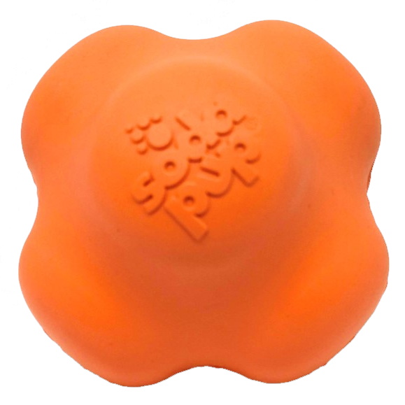 A flower-shaped, orange dog toy, "Crazy Bounce" by SodaPup, is embossed with the brand name and crafted from ultra-durable natural rubber for power chewers. It has a smooth texture suitable for play and chewing on a white background.