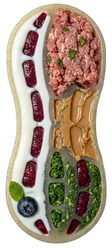 A divided, kidney-shaped platter holds raw ground meat, peanut butter, yogurt, berry puree, greens, a blueberry, and mint—an appealing display inspired by SodaPup’s Peanut EChew Ultra Durable Nylon Dog Chew Toy that curbs destructive chewing.
