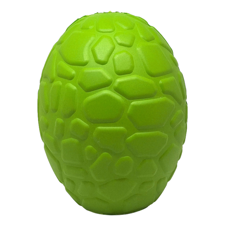 The SodaPup Dinosaur Egg EDispenser is a bright green, egg-shaped durable rubber chew toy and treat dispenser featuring a textured geometric pattern, shown against a plain white background.