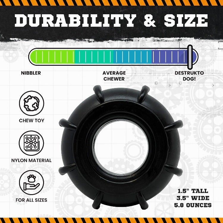 Introducing the SodaPup ID Tractor Tire EChew Ultra Durable Nylon Chew & Enrichment Toy, perfect for "Destrukto Dog!" With its tire shape and small protrusions, it's suitable for dogs of all sizes. Measuring 1.5" tall, 3.5" wide, and weighing 5.8 ounces, this toy is a must-have for active pups seeking endless fun!