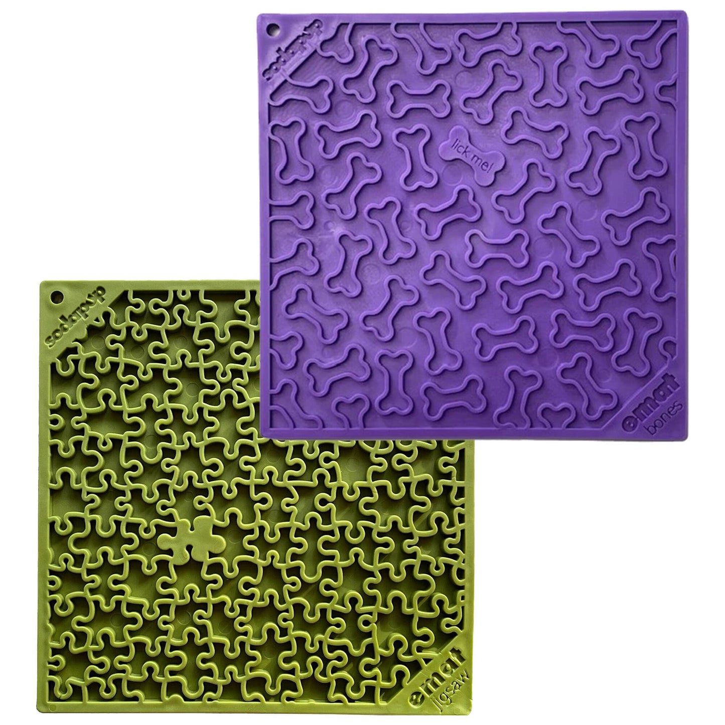 An enrichment Large Green Jigsaw & Large Purple Bones EMat Lick Mat bundle with a green and purple design from SodaPup.