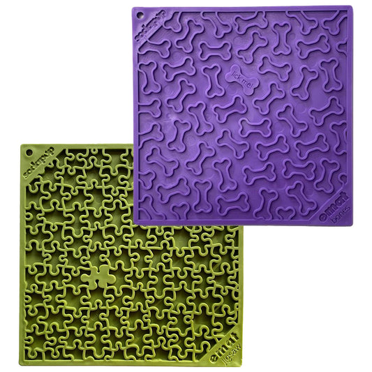 An enrichment Large Green Jigsaw & Large Purple Bones EMat Lick Mat bundle with a green and purple design from SodaPup.