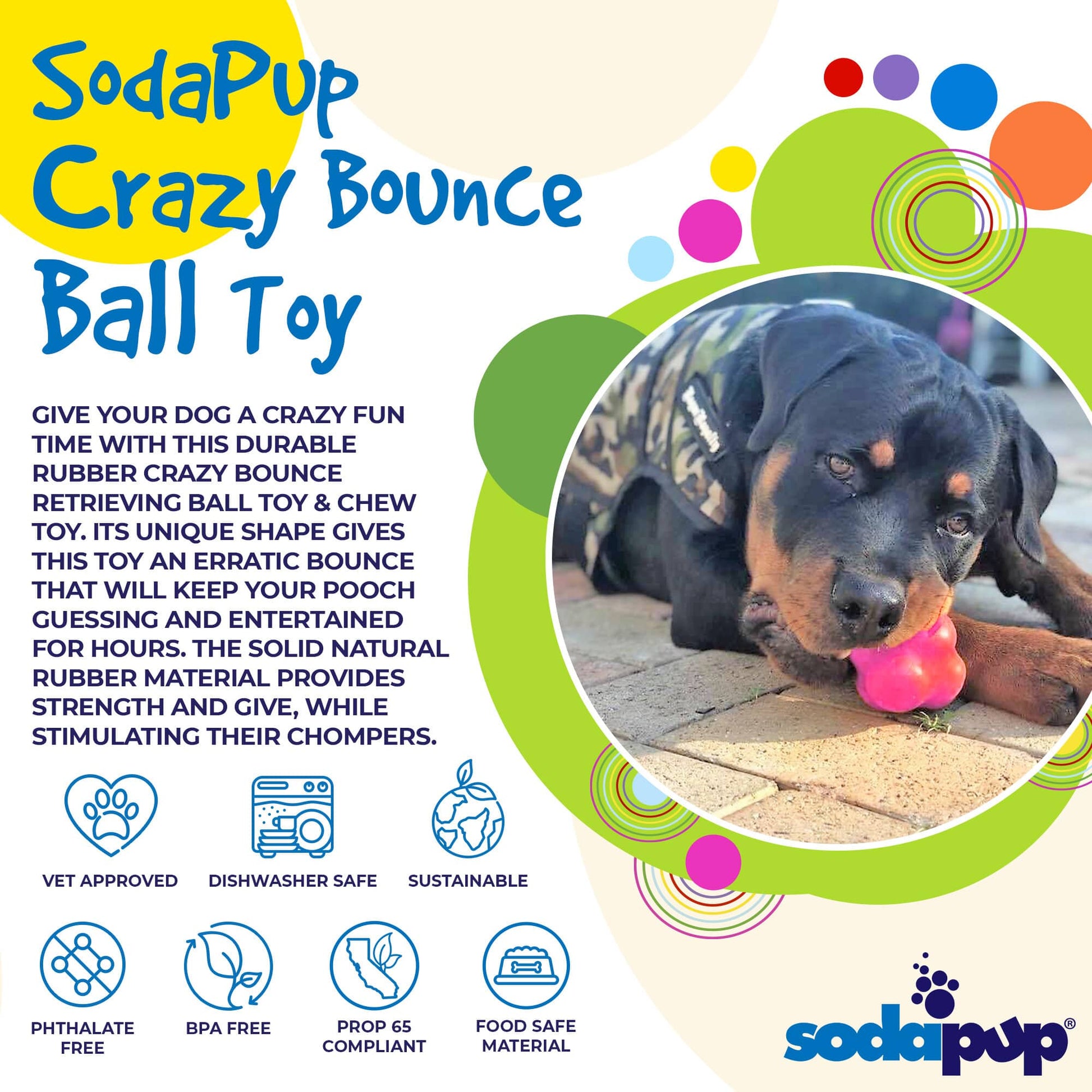 SodaPup Crazy Bounce Ultra Durable Rubber Chew & Retrieving Toy, perfect for power-chewers.