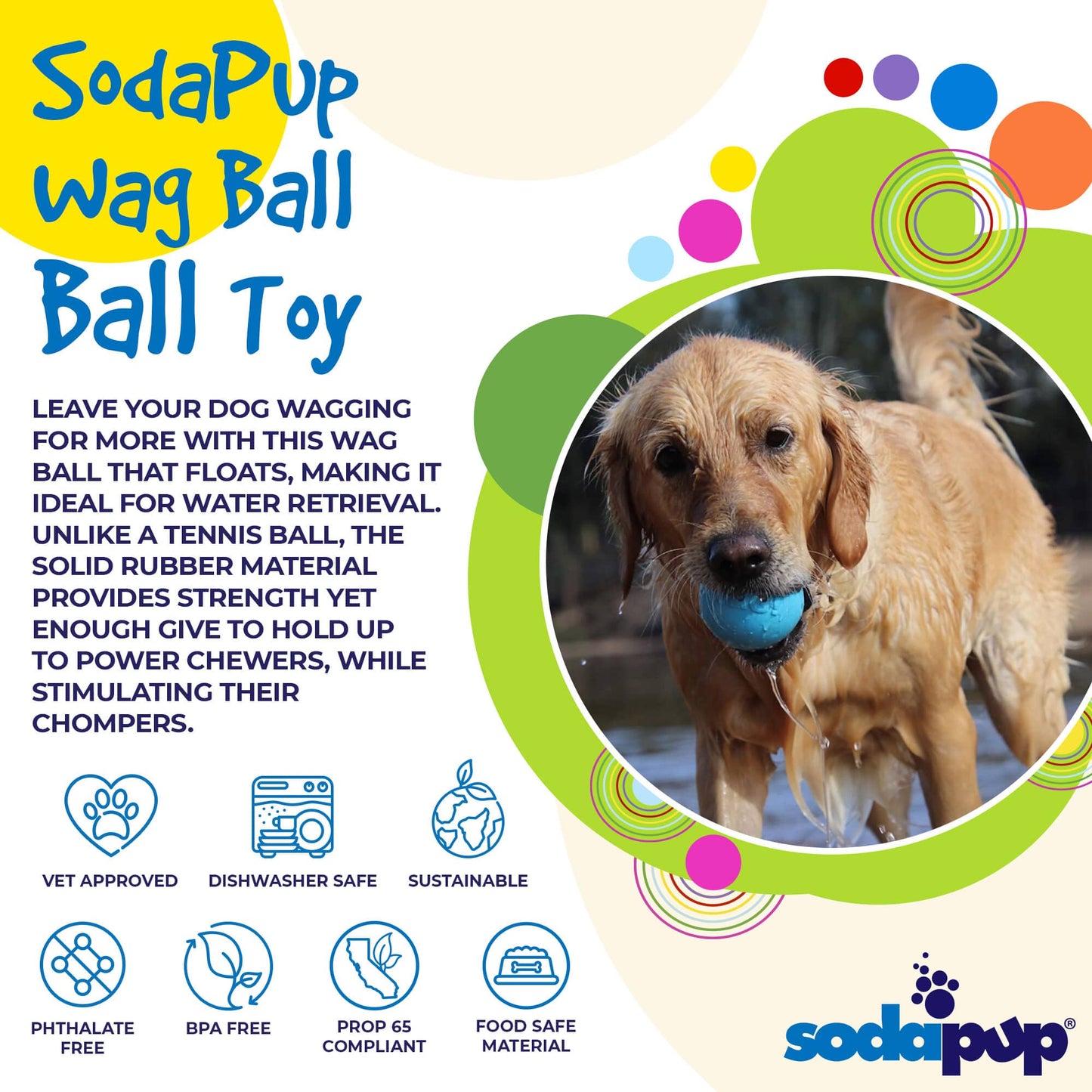 The SodaPup Wag Ball Ultra Durable Synthetic Rubber Chew Toy & Floating Retrieving Toy - Large - Blue is an ultra-durable rubber ball toy designed for power-chewers.