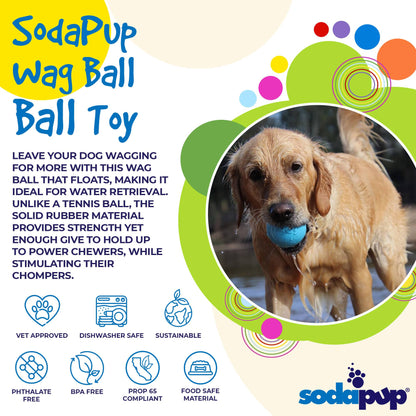 The SodaPup Wag Ball Ultra Durable Synthetic Rubber Chew Toy & Floating Retrieving Toy - Large - Blue is an ultra-durable rubber ball toy designed for power-chewers.