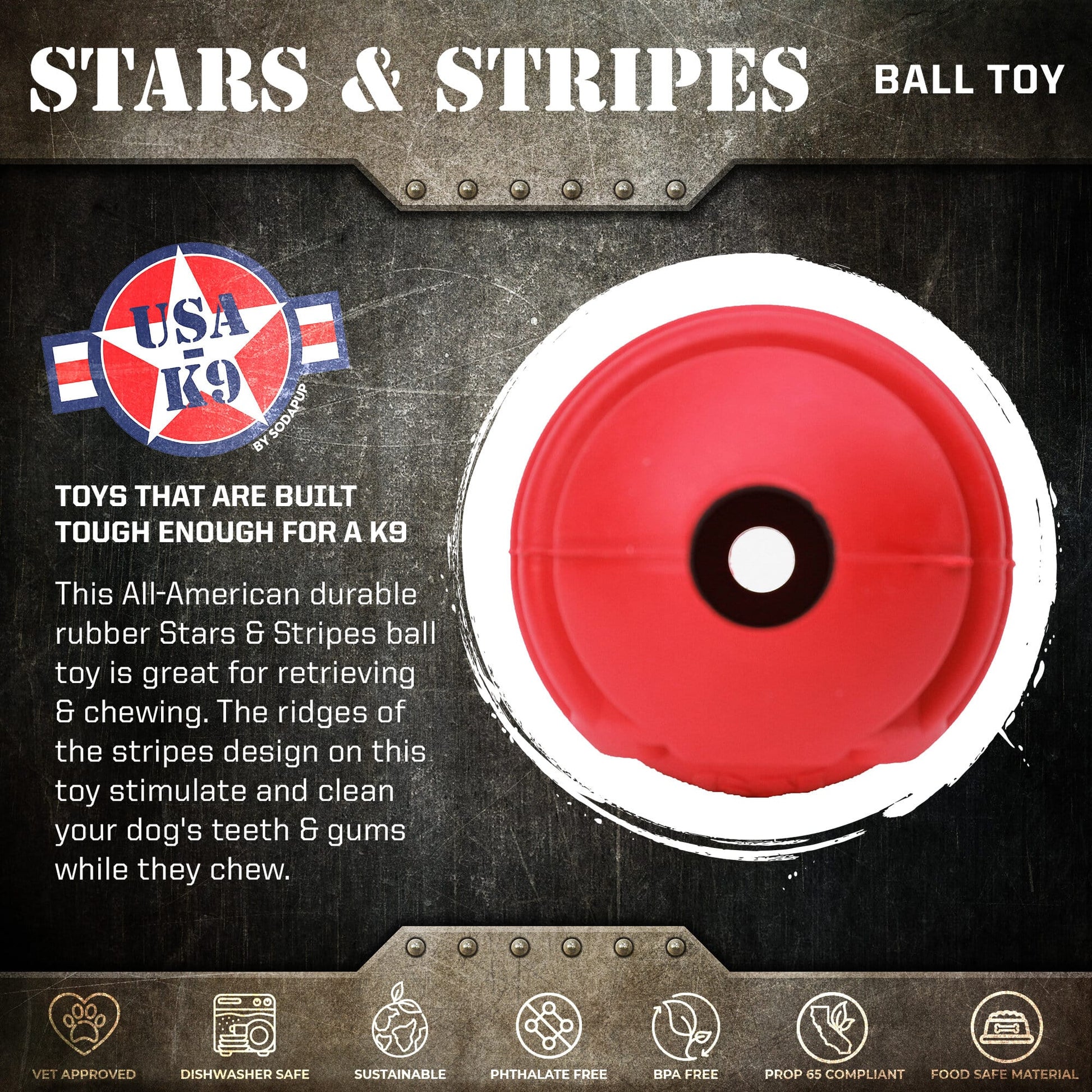 SodaPup USA-K9 Stars and Stripes Ultra-Durable Rubber Chew Ball, perfect for chewers.