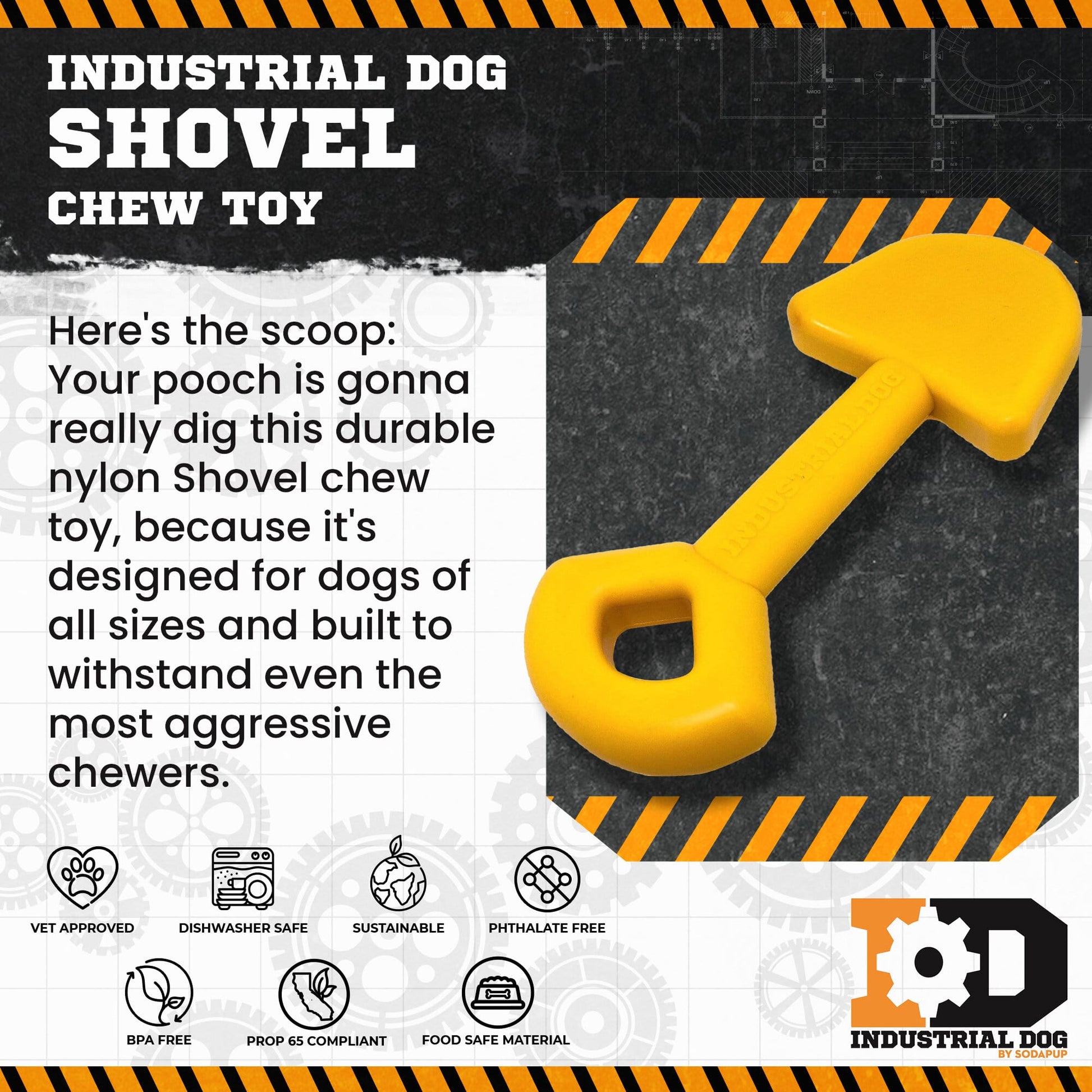 ID Shovel Ultra Durable Nylon Dog Chew Toy by SodaPup is a durable industrial chew toy for breath freshening.