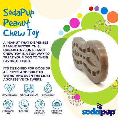 The image showcases a SodaPup Peanut EChew Ultra Durable Nylon Dog Chew Toy package, emphasizing its peanut-shaped design crafted from durable nylon for power chewers. It includes a peanut butter dispenser, is vet-approved, dishwasher safe, sustainable, and free from BPA.