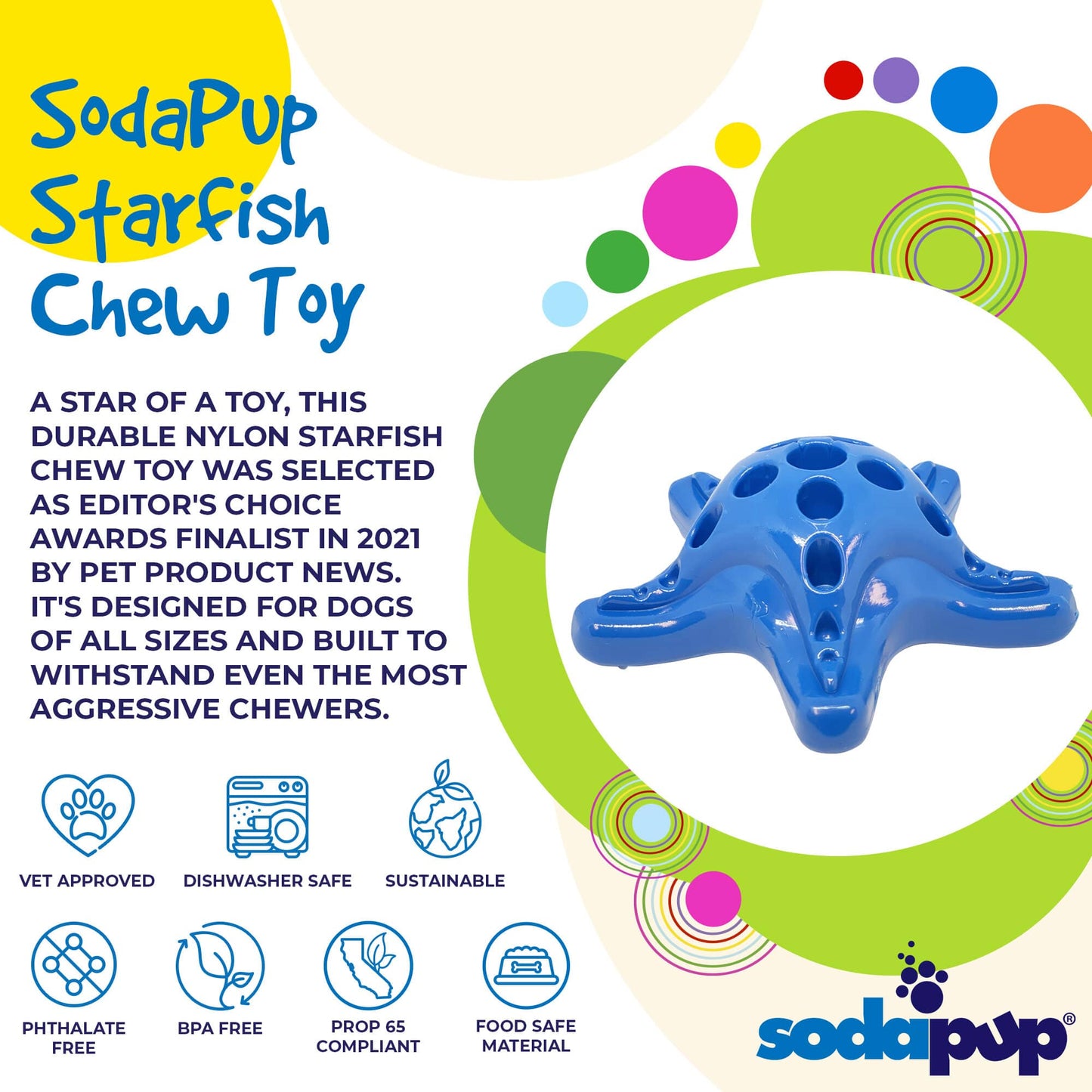 Durable Starfish Ultra Durable Nylon Dog Chew Toy for Aggressive Chewers by SodaPup, featuring a starfish design.