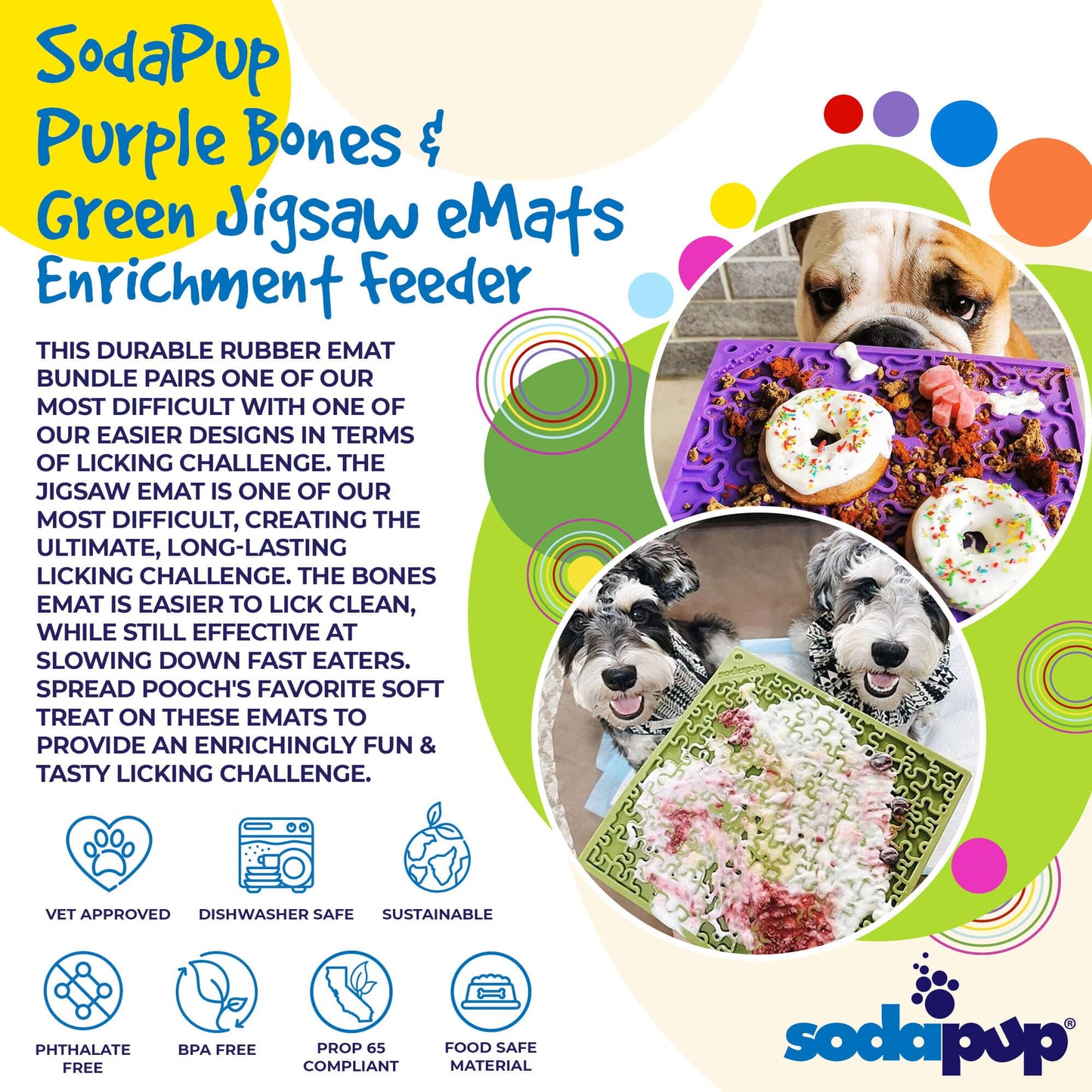 SodaPup's Large Green Jigsaw & Large Purple Bones EMat Lick Mat Bundle is perfect for dog enrichment, providing a long-lasting licking challenge in an environmentally-friendly feeder.