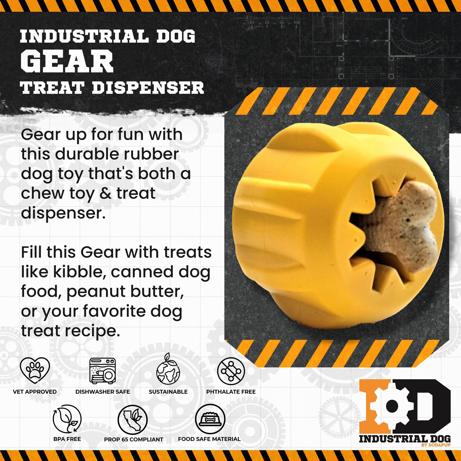 Introducing the Gear EDispener Durable Rubber Treat Holder and Chew Toy by SodaPup, a yellow rubber dog toy crafted for power chewers. Designed in a gear shape with a star-shaped opening to hold treats, it is promoted as durable and vet-approved. This dishwasher-safe toy also serves as a Yak Chew Holder, making it sustainable and ideal for fulfilling your dog's chewing needs.