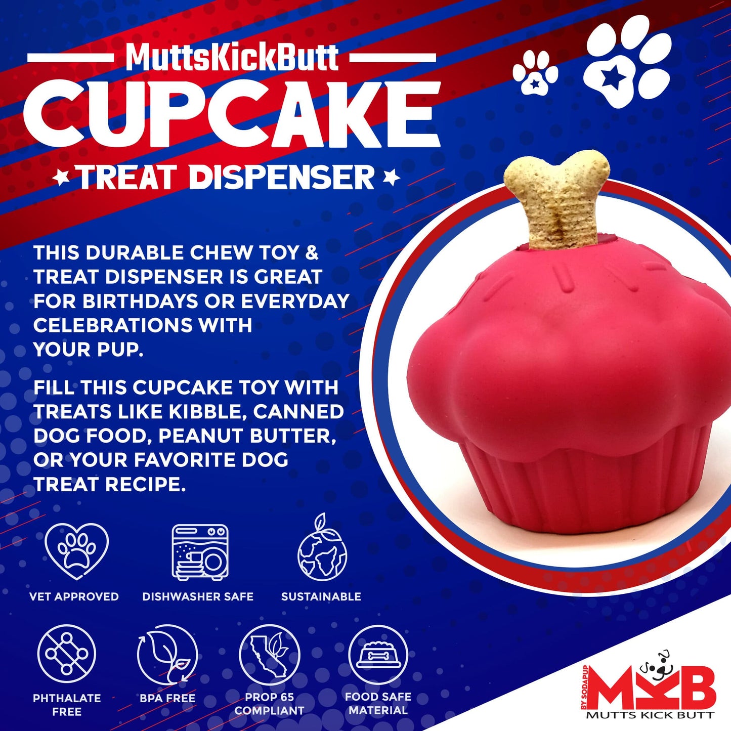 Explore the "Cupcake EDispenser Durable Rubber Chew Toy & Treat Dispenser" by SodaPup, a chew toy for dogs that combines durability with fun. Vet-approved, it is dishwasher safe, sustainable, and BPA-free, made from food-safe materials. This innovative dispenser keeps pets entertained by cleverly releasing treats!