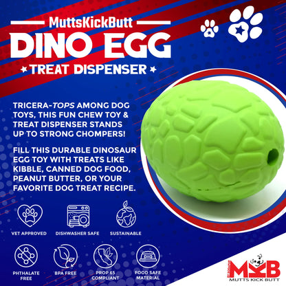 The Dinosaur Egg EDispenser by SodaPup is a green, rubber dinosaur egg-shaped dog treat dispenser featuring textured scales on a blue backdrop. This durable slow feeder is dishwasher safe, phthalate-free, BPA-free, food safe, and endorsed by veterinarians. It showcases the MuttsKickButt logo adorned with a paw print and bones design.