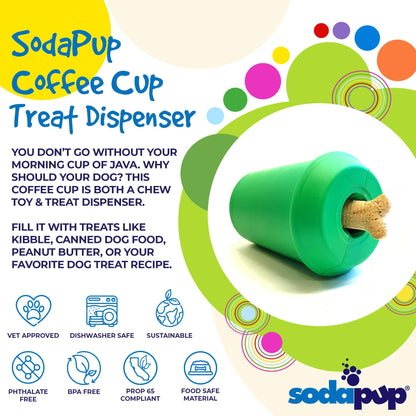 A vibrant advertisement showcases the Coffee Cup EDispener Durable Rubber Chew Toy and Treat Dispenser from SodaPup, a strong, green treat holder and chew toy for dogs. The text emphasizes its features: vet approved, dishwasher safe, sustainable, phthalate free, BPA free, and crafted from food-safe materials.