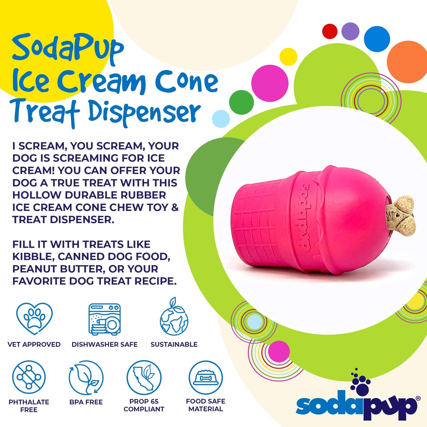 SodaPup Ice Cream Cone Durable Rubber Chew Toy and Treat Dispenser.