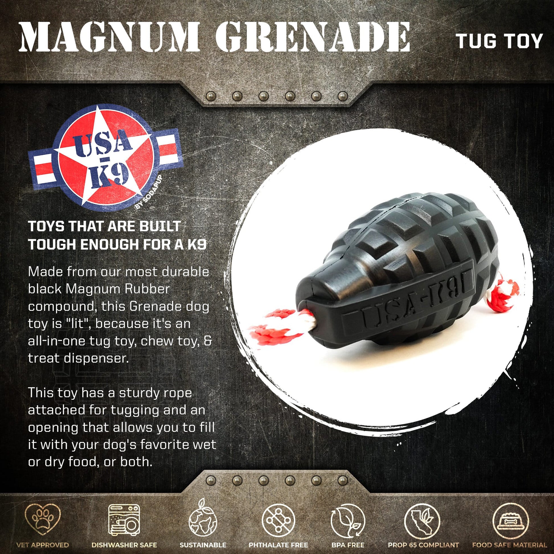 SodaPup Magnum Grenade Durable Rubber Chew Toy, Treat Dispenser, Reward Toy, Tug Toy, and Retrieving Toy - Black Magnum.