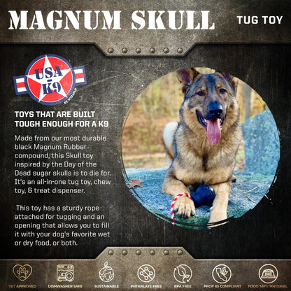 SodaPup USA-K9 Magnum Skull Durable Rubber Chew Toy, Treat Dispenser, Reward Toy, Tug Toy, and Retrieving Toy - Black Magnum is a durable chew toy that dispenses treats, featuring a Day of the Dead sugar skull design.