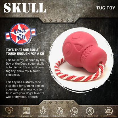 The SodaPup USA-K9 Skull Durable Rubber Chew Toy, Treat Dispenser, Reward Toy, Tug Toy, and Retrieving Toy - Pink features a Day of the Dead sugar skull design and can also dispense treats.