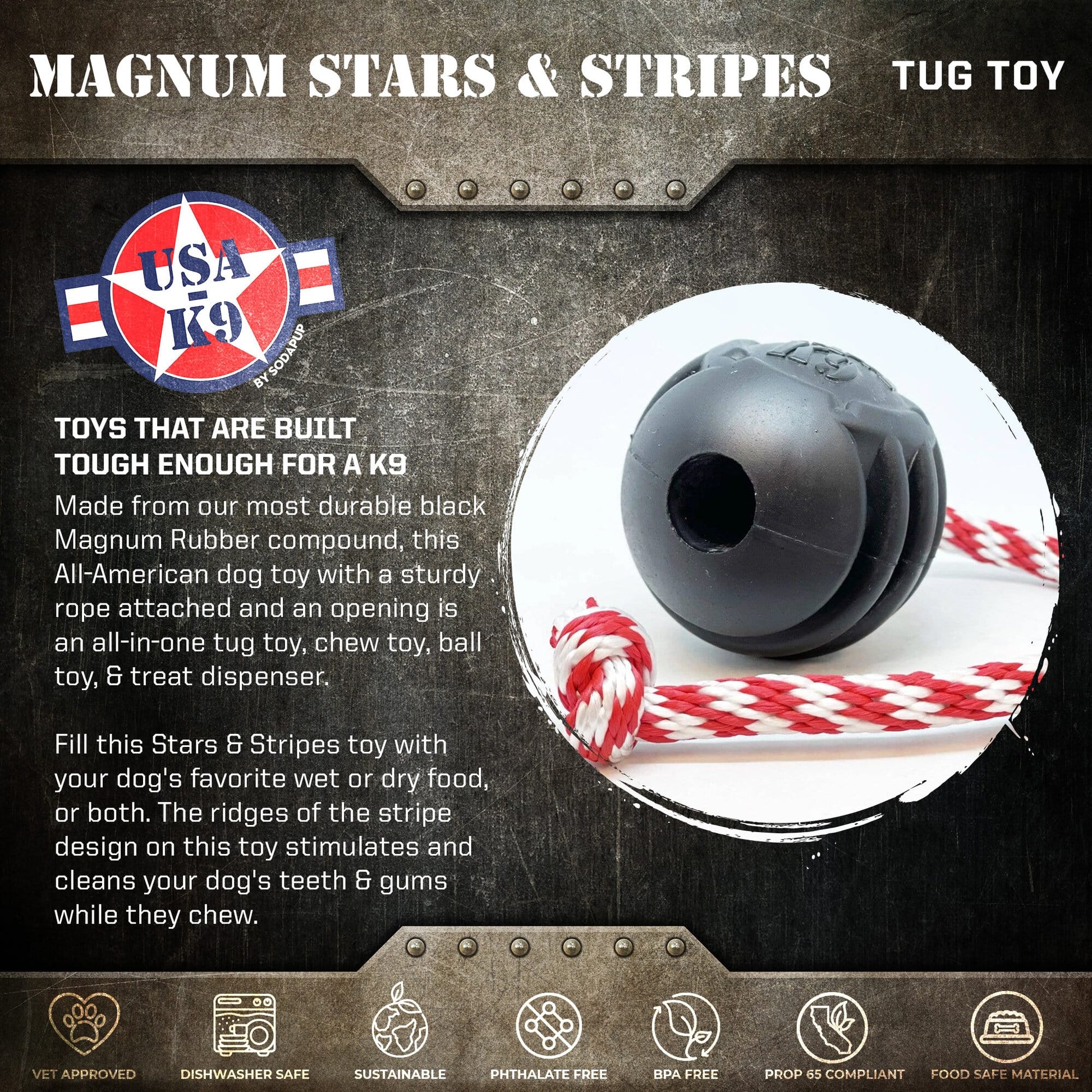 SodaPup USA-K9 Magnum Black Stars and Stripes Ultra-Durable Rubber Chew Toy, Reward Toy, Tug Toy, and Retrieving Toy - Black featuring dental ridges.