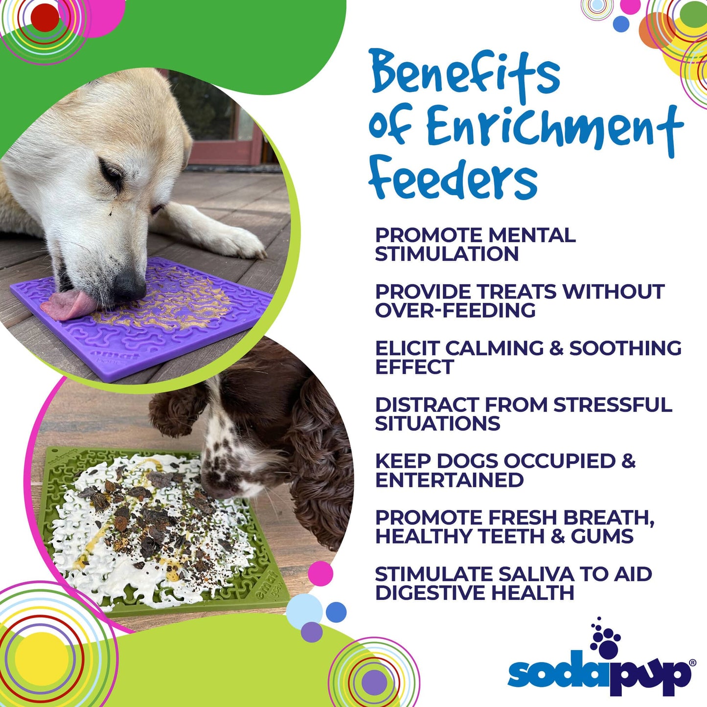 Discover the numerous benefits of SodaPup's Large Green Jigsaw & Large Purple Bones EMat Lick Mat Bundle for dogs, especially those designed for licking activities.