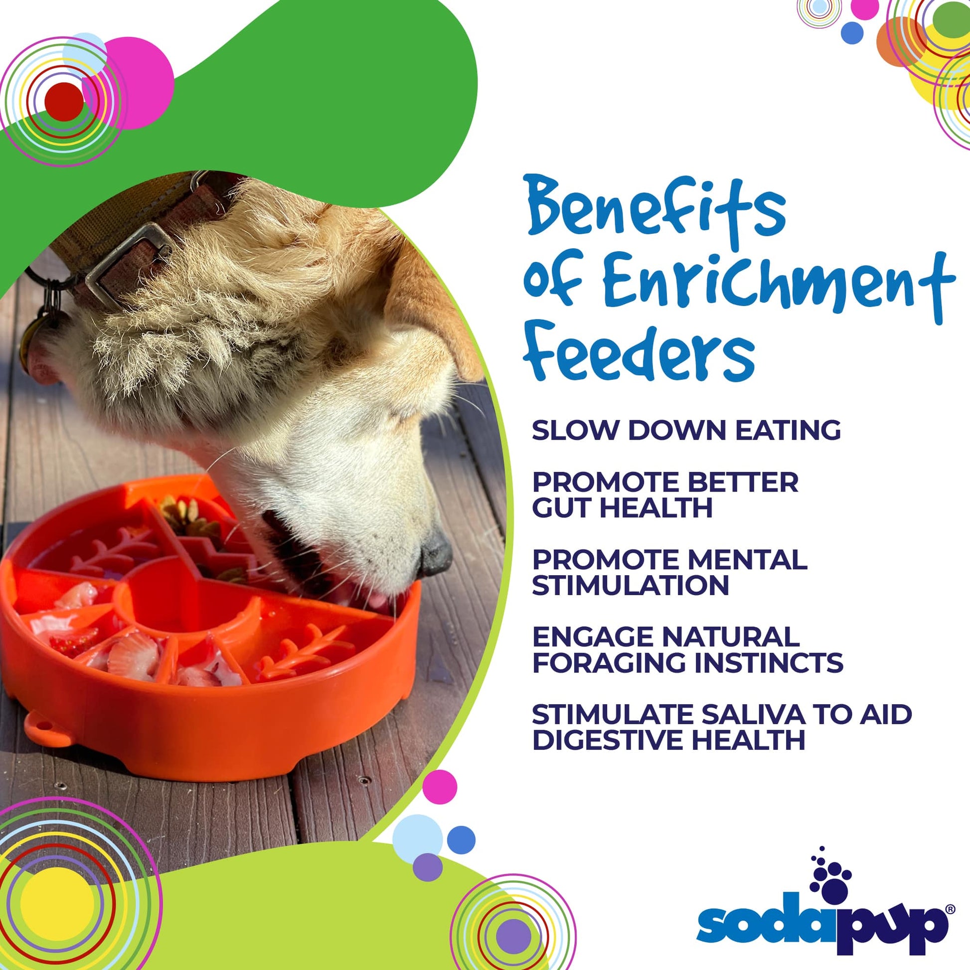 A dog licks a red Great Outdoors Design EBowl Enrichment Slow Feeder Bowl for Dogs by SodaPup on a wooden surface. Text reads: "Benefits of Enrichment Feeders: Slow Down Eating, Promote Better Gut Health, Promote Mental Stimulation, Engage Natural Foraging Instincts, Stimulate Saliva to Aid Digestive Health." The SodaPup logo is at the bottom.