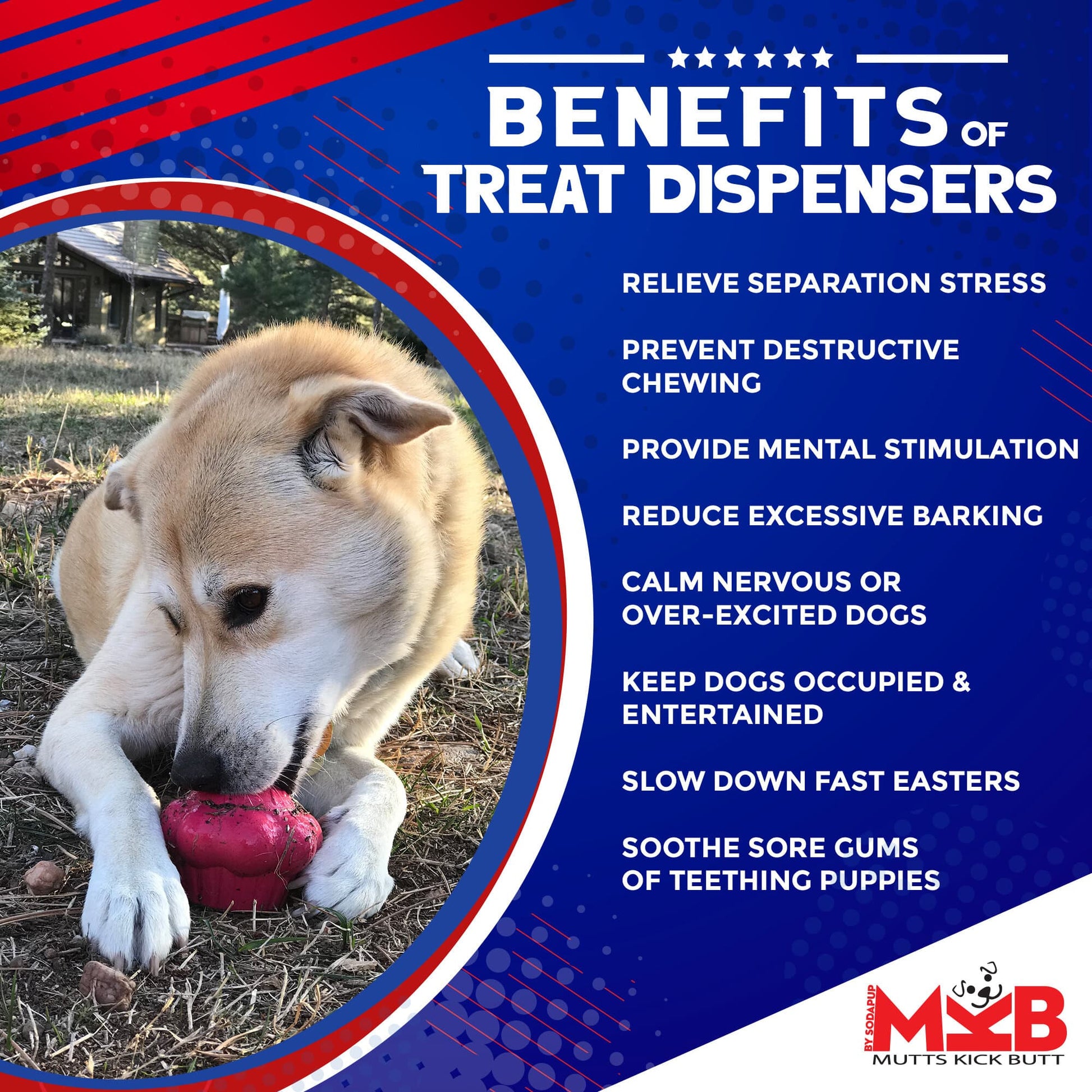 A dog happily engages with the Cupcake EDispenser Durable Rubber Chew Toy & Treat Dispenser by SodaPup on the grass. This innovative product helps relieve separation anxiety, prevent destructive chewing, reduce excessive barking, calm nervous dogs, keep them entertained, and slow down their eating with its unique slow feeder design. Additionally, it soothes teething puppies by dispensing treats.