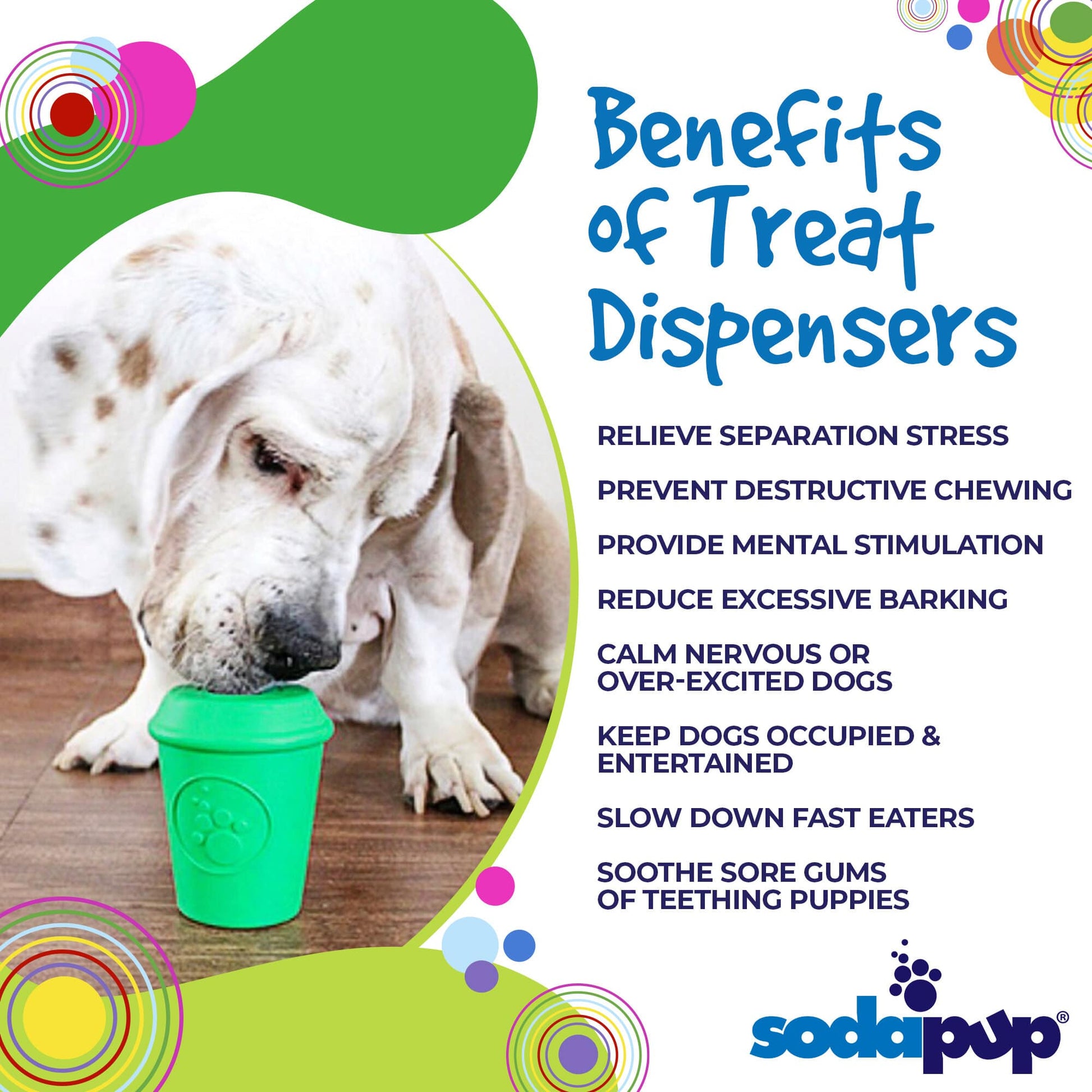 A dog chews on a Coffee Cup EDispener Durable Rubber Chew Toy and Treat Dispenser by SodaPup. The image highlights benefits like stress relief, prevention of unwanted chewing, and mental stimulation. This durable design entertains dogs while promoting slow eating to ease teething discomfort, reduce barking, and calm nerves.