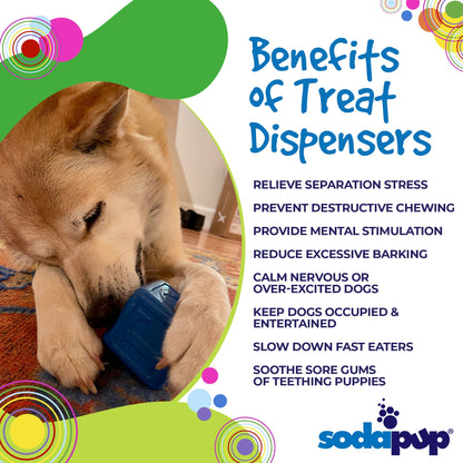 A dog rests comfortably on a vibrant blanket, gnawing at a blue Love Cube EDispenser Durable Rubber Chew Toy & Treat Dispenser by SodaPup. The text highlights numerous benefits of this multifunctional dog chew toy: stress relief, prevention of destructive chewing, mental stimulation, reduction in barking, calming effects for dogs, entertainment, usage as a slow feeder to regulate eating pace, and gum soothing. The recognizable SodaPup logo is displayed prominently.