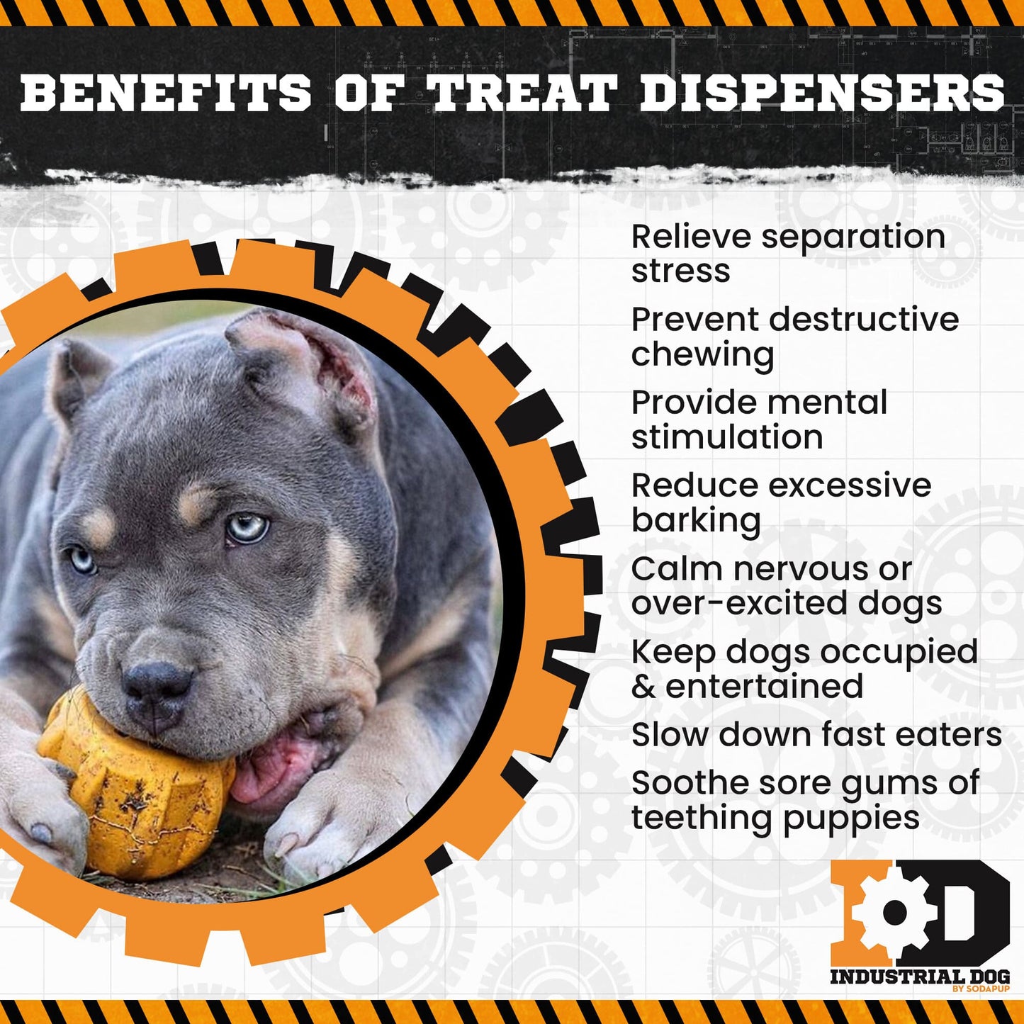 A dog enjoys a Gear EDispener Durable Rubber Treat Holder and Chew Toy from SodaPup, with text listing benefits: relieves stress, prevents chewing, provides mental stimulation, reduces barking, calms and entertains your pet, slows down eating habits, and soothes gums. Ideal for power chewer toys. Logo at the bottom right reads "Industrial Dog.