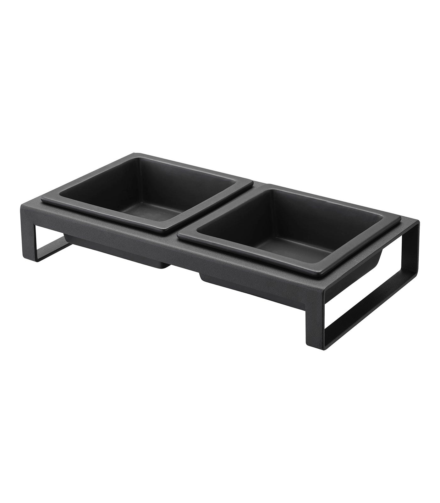 A black tray with two Yamazaki Home ceramic pet food bowls on it, perfect for small dogs.