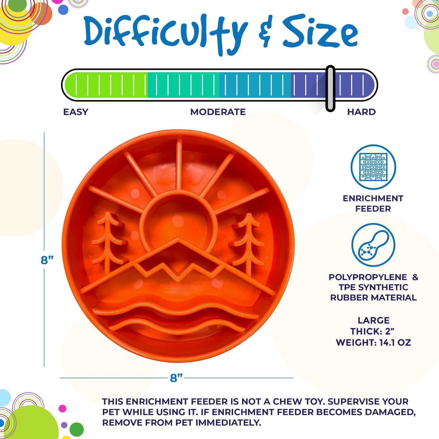 Diagram illustrating the difficulty and size of a SodaPup Great Outdoors Design EBowl Enrichment Slow Feeder Bowl for Dogs with sections showing trees, a sun, and waves. The slow feeder bowl measures 8 inches in diameter, is 2 inches thick, and weighs 14.1 ounces. Labels indicate it is made from polypropylene and TPE synthetic rubber.