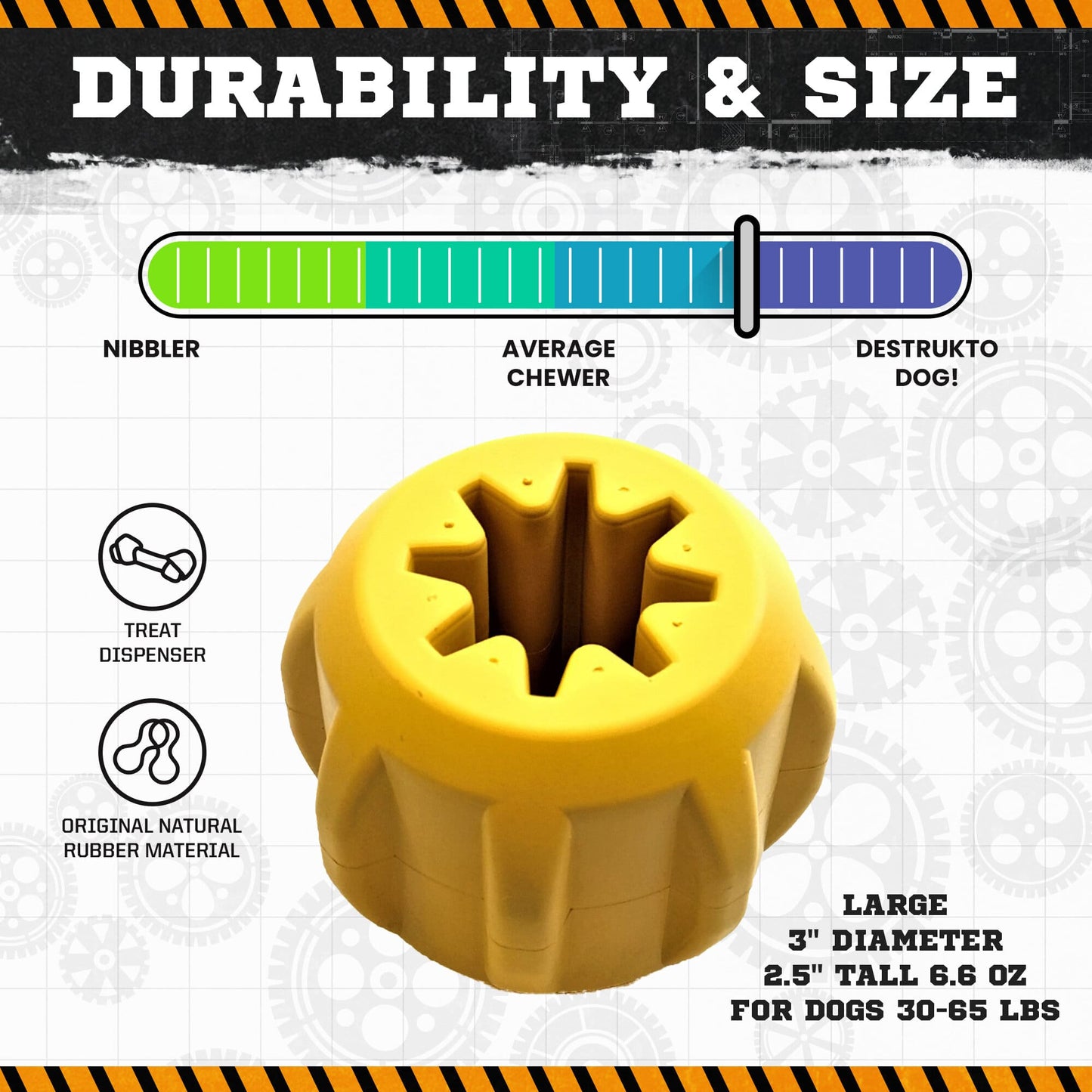 The Gear EDispener Durable Rubber Treat Holder and Chew Toy by SodaPup is displayed in yellow, featuring a star-shaped opening. It's ideal for dogs weighing 30-65 lbs and suits 'Nibbler' to 'Destrukto Dog.' Designed for power chewers, this durable toy comes with a treat dispenser, dental ridges, and measures 3" in diameter and 2.5" tall. Made from natural rubber, it offers excellent durability for your furry friend.