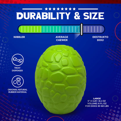 The Dinosaur Egg EDispenser by SodaPup is a large green dog toy made from natural rubber, featuring a textured surface that makes it an excellent durable chew toy for medium to large dogs. It also functions as a slow feeder and has durability ratings from "nibbler" to "destrukto dog." Its volume is 6 fl oz and the dimensions are 5" x 3.25".