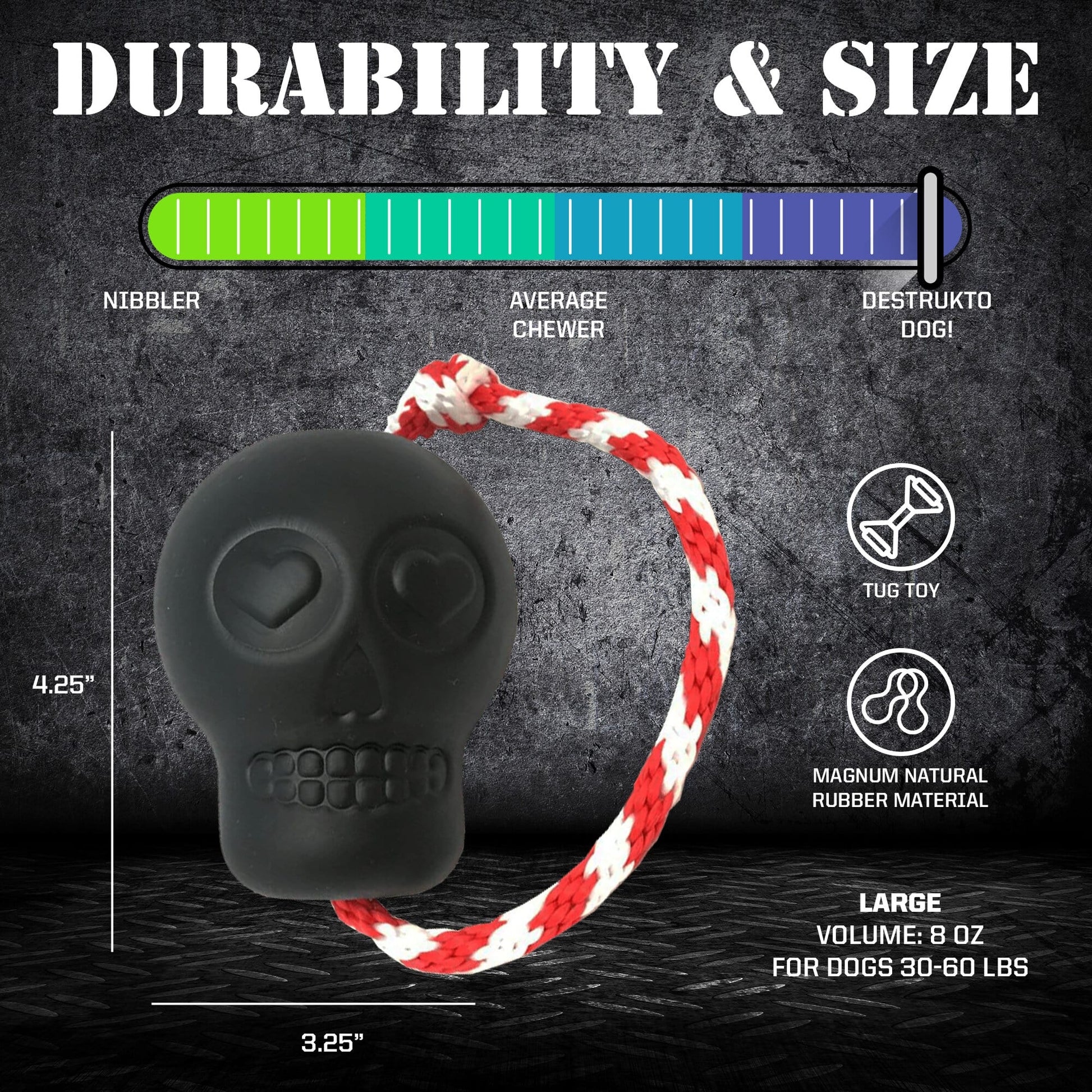 A SodaPup USA-K9 Magnum Skull Durable Rubber Chew Toy, Treat Dispenser, Reward Toy, Tug Toy, and Retrieving Toy - Black Magnum in the shape of a black sugar skull.