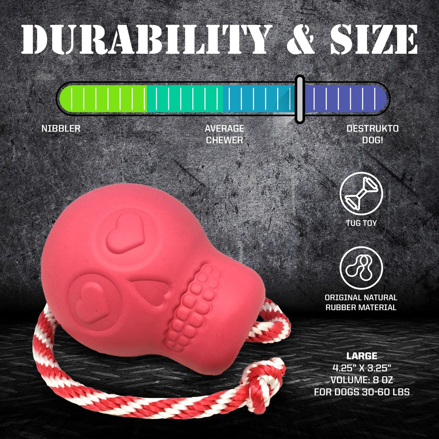 A SodaPup USA-K9 Skull Durable Rubber Chew Toy, Treat Dispenser, Reward Toy, Tug Toy, and Retrieving Toy - Pink with a rope attached to it.