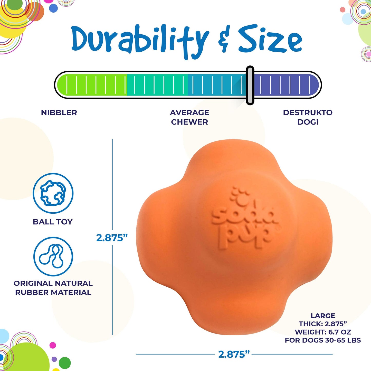 Crazy Bounce Ultra Durable Rubber Chew & Retrieving Toy by SodaPup, designed for power-chewers with an erratic bounce for added durability.