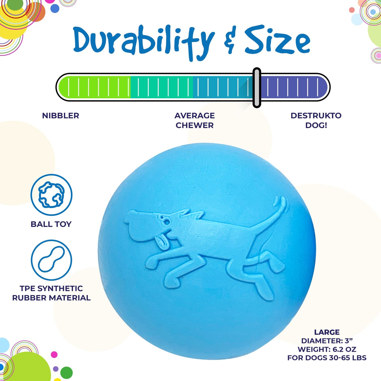 A SodaPup Wag Ball Ultra Durable Synthetic Rubber Chew Toy & Floating Retrieving Toy - Large - Blue with the words durability and size.