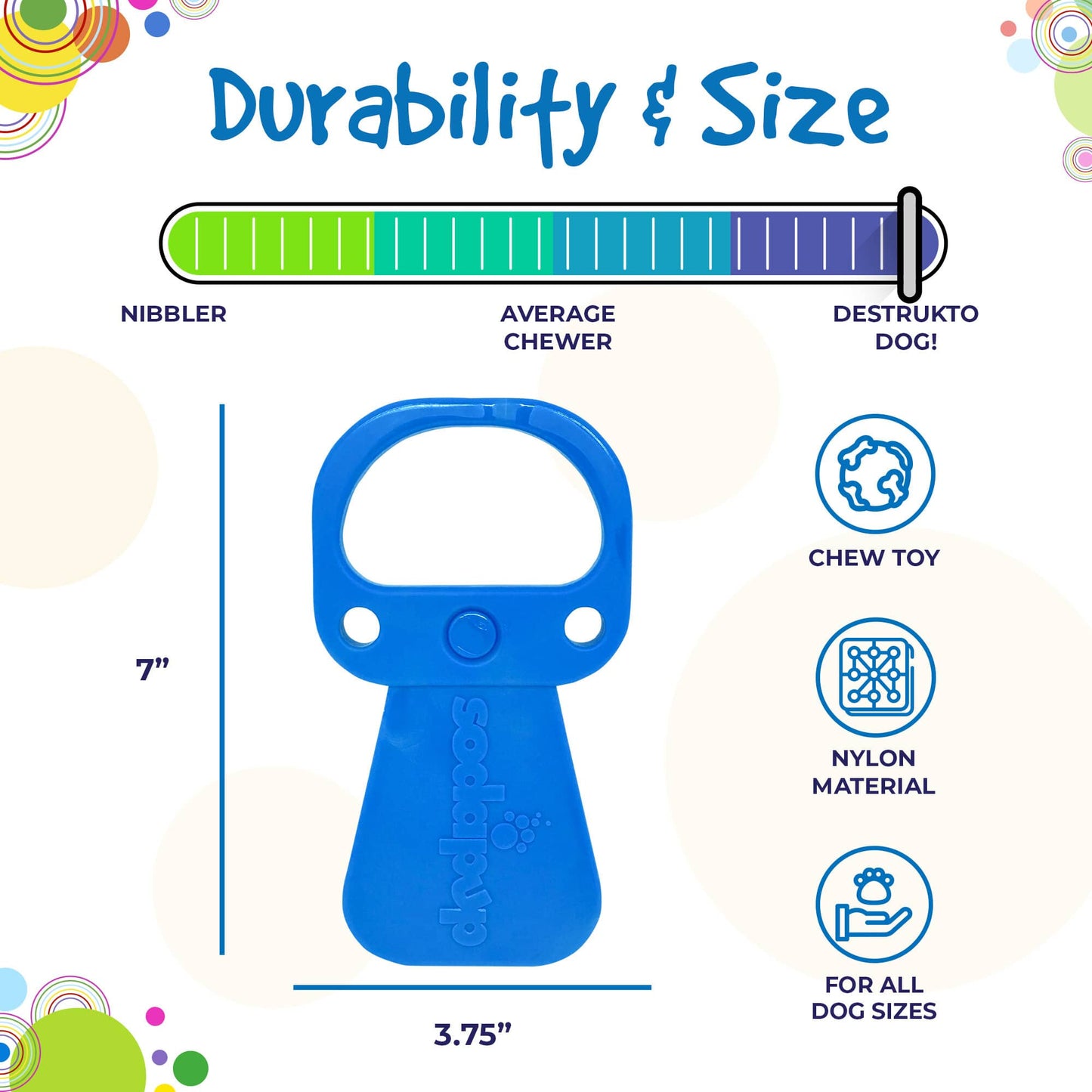 A durable blue Pop Top Pull Tab Ultra Durable Nylon Dog Chew Toy designed for chewers with problem chewing behaviors, by SodaPup.