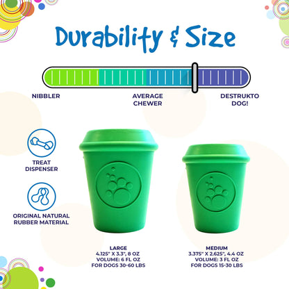 The image showcases the Coffee Cup EDispener, a durable chew toy and treat dispenser by SodaPup, available in medium and large sizes. Made from natural rubber, this toy ranges on the durability scale from "Nibbler" to "Destrukto Dog," providing an engaging play experience while functioning as a slow feeder for your pet.