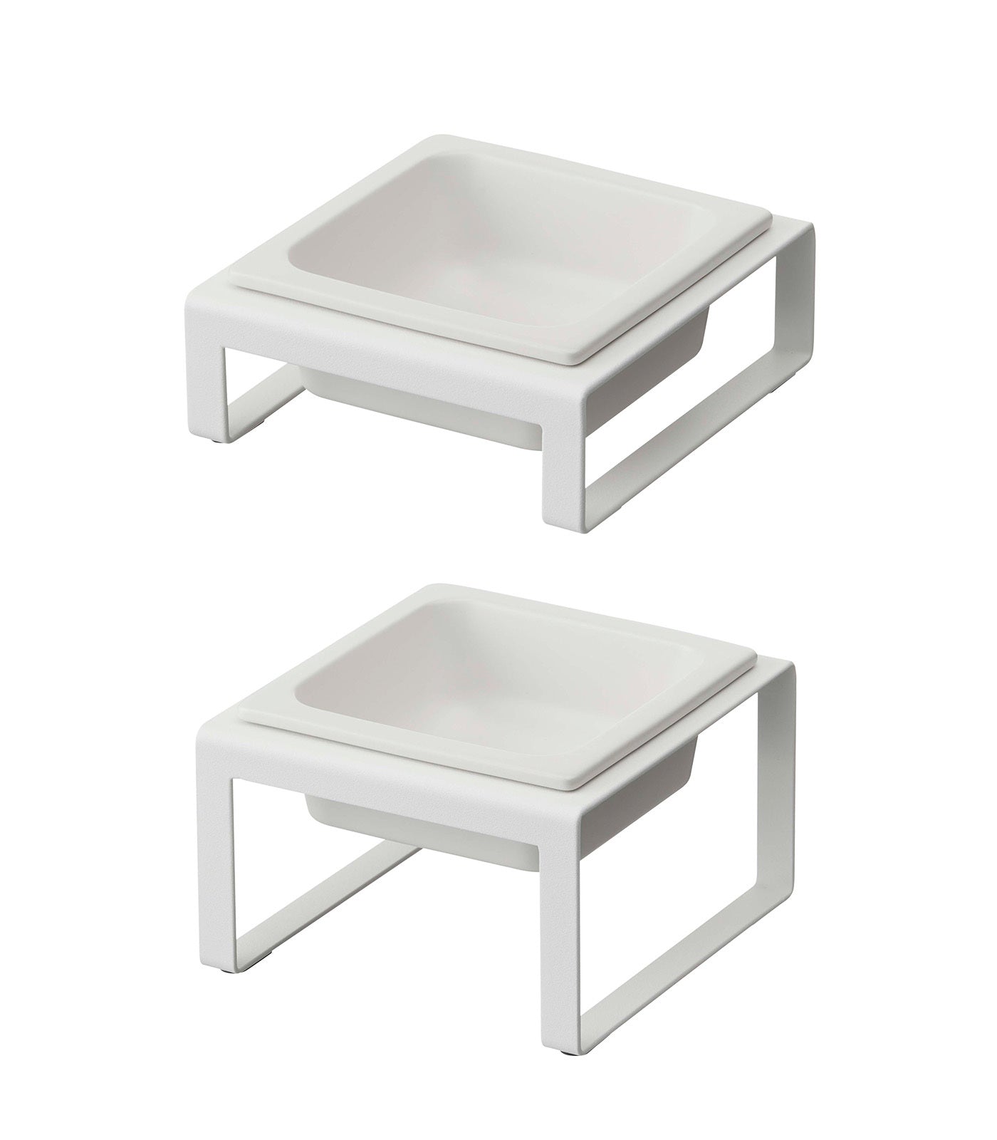 Two white square-shaped modern stools or side tables on a white background, ideal as a Yamazaki Home Replacement Ceramic Bowl for Pet Food Bowl.