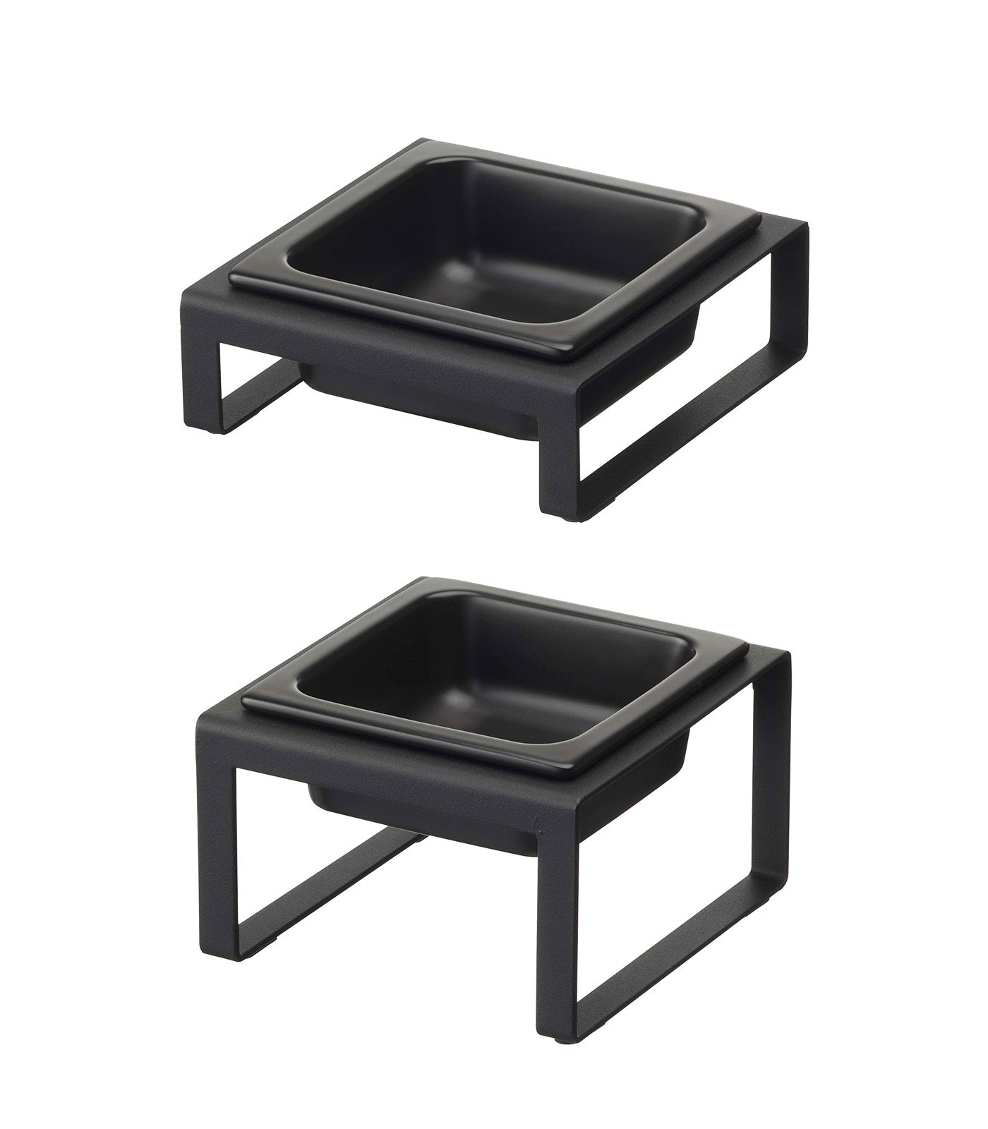 Two black square minimalist Replacement Ceramic Bowls for Pet Food Bowls with stands by Yamazaki Home.