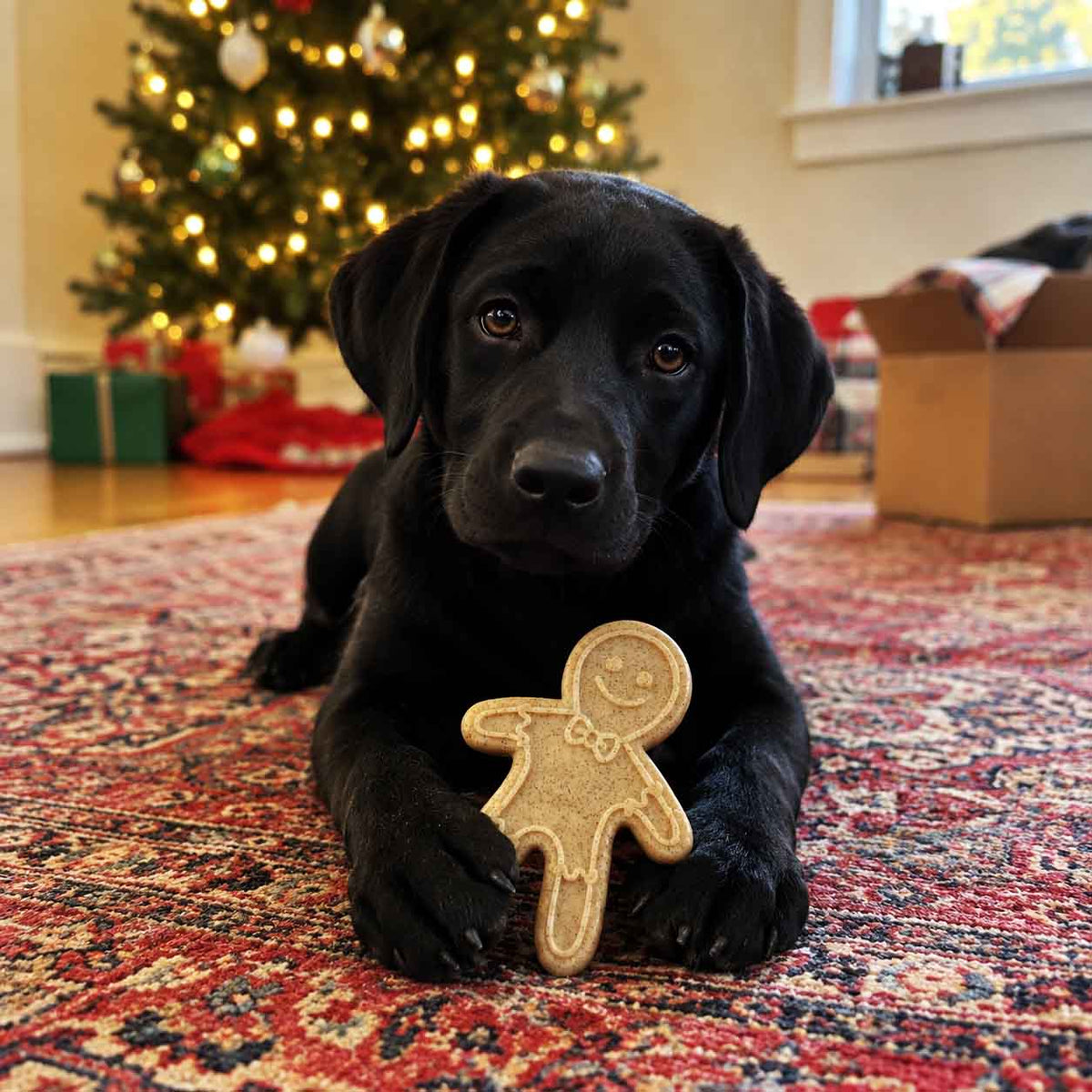 A black labrador puppy grips a Gingerbread Man Ultra Durable Nylon Dog Chew Toy from SodaPup on a red patterned rug, with a decorated Christmas tree and presents in the background.
