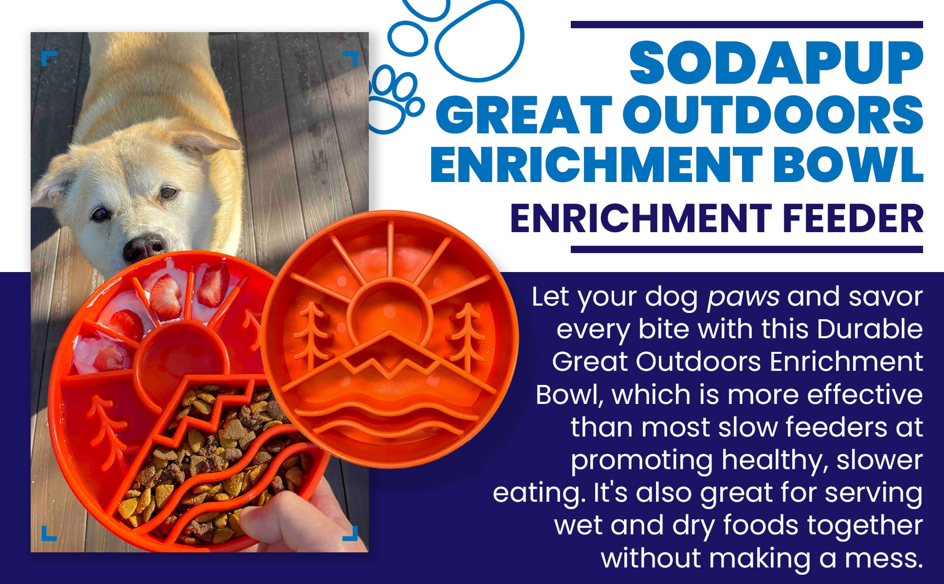 A dog looks excitedly at a red Great Outdoors Design EBowl Enrichment Slow Feeder Bowl for Dogs by SodaPup, filled with kibble and wet food, held by a person. The ad emphasizes the bowl’s benefits as a slow feeder bowl, promoting healthy slower eating while keeping wet and dry foods separate.