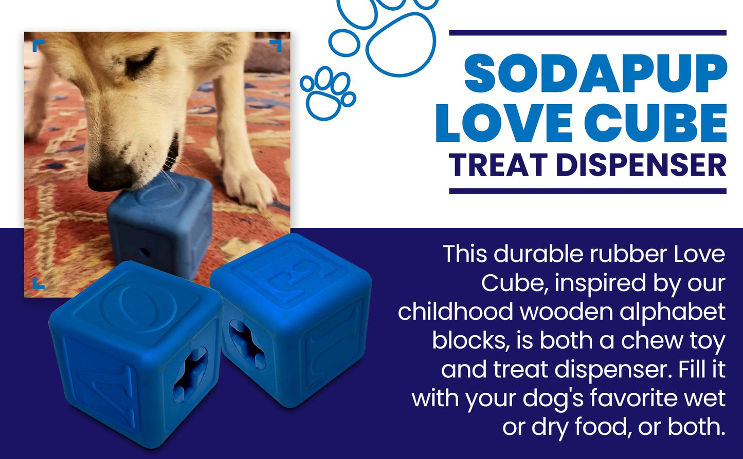 A dog investigates the Love Cube EDispenser, a blue rubber chew toy by SodaPup, featuring numbers and shapes. This durable toy functions as both a treat dispenser and a slow feeder, suitable for wet or dry food, and is inspired by childhood alphabet blocks.