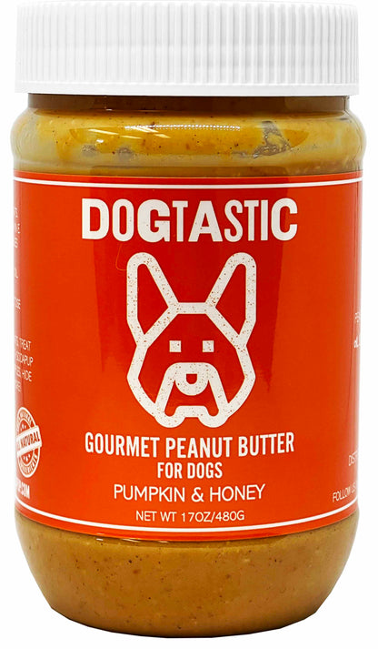 SodaPup's Dogtastic Gourmet Peanut Butter for Dogs - Pumpkin & Honey Flavor, made in USA using all-natural ingredients.