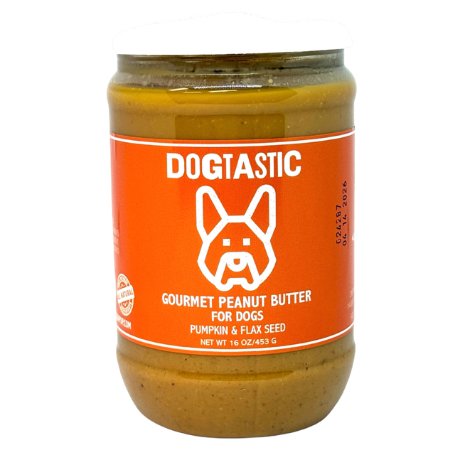 A 16 oz (453 g) jar of SodaPup's Dogtastic Gourmet Peanut Butter for Dogs - Pumpkin Flavor, featuring a red label and crafted from all-natural ingredients like pumpkin and flax seed, offers a natural treat for dogs.