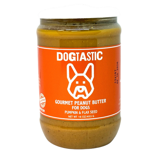 A 16 oz (453 g) jar of SodaPup's Dogtastic Gourmet Peanut Butter for Dogs - Pumpkin Flavor, featuring a red label and crafted from all-natural ingredients like pumpkin and flax seed, offers a natural treat for dogs.