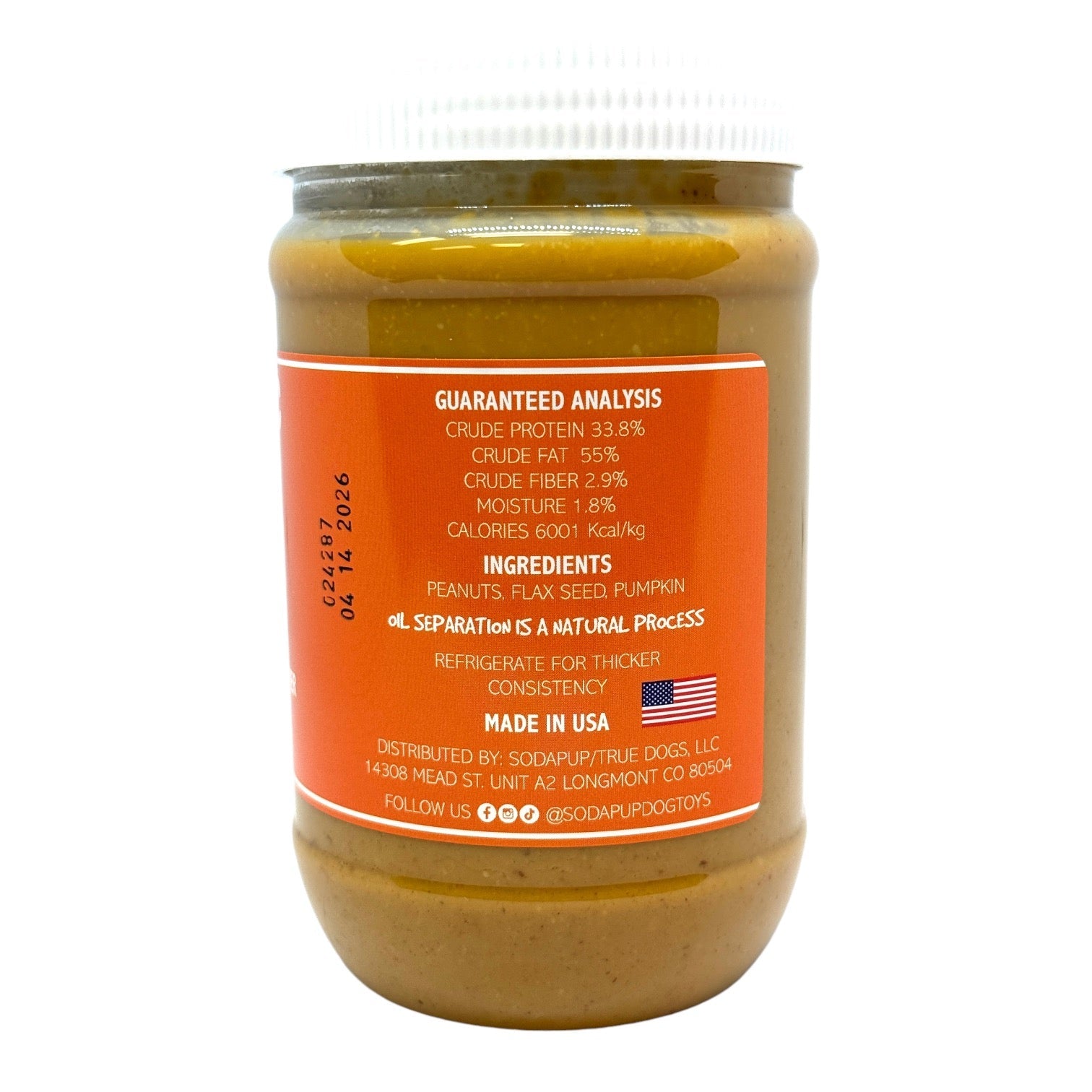 A jar of Dogtastic Gourmet Peanut Butter for Dogs - Pumpkin Flavor by SodaPup features a label detailing its nutritional benefits and all-natural ingredients such as peanuts, flax seed, and pumpkin. It suggests refrigeration for consistency, is proudly made in the USA, and provides distributor contact information.